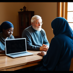 A diverse group of individuals and small family units, fully clothed in modest, everyday attire, participating in an online religious service from their respective homes. Each person is seated in a cozy living room or study, attentively looking at a laptop or tablet screen which displays a spiritual leader. The atmosphere is quiet and contemplative, emphasizing a sense of shared faith and connection despite physical distance. Warm, soft lighting illuminates each scene, creating an intimate yet unified feeling. The image conveys spiritual solace and community engagement in a digital age. safe for work, appropriate content, fully clothed, modest, perfect anatomy, correct proportions, natural pose, well-formed hands, proper finger count, natural body proportions, professional photography, high quality.
