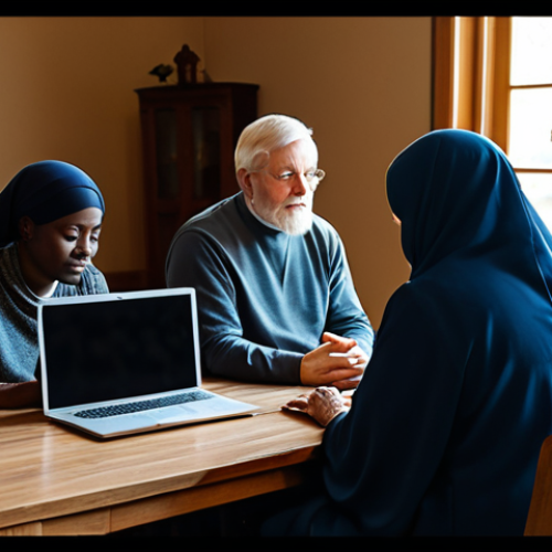 Home 11 A diverse group of individuals and small family units, fully clothed in modest, everyday attire, participating in an online religious service from their respective homes. Each person is seated in a cozy living room or study, attentively looking at a laptop or tablet screen which displays a spiritual leader. The atmosphere is quiet and contemplative, emphasizing a sense of shared faith and connection despite physical distance. Warm, soft lighting illuminates each scene, creating an intimate yet unified feeling. The image conveys spiritual solace and community engagement in a digital age. safe for work, appropriate content, fully clothed, modest, perfect anatomy, correct proportions, natural pose, well-formed hands, proper finger count, natural body proportions, professional photography, high quality.