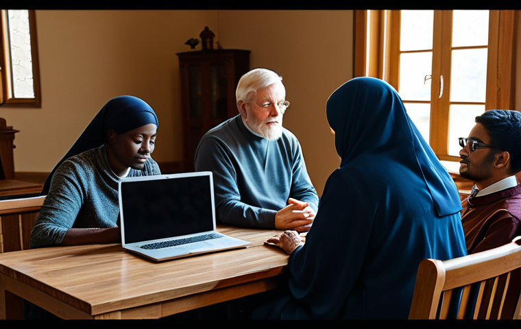 A diverse group of individuals and small family units, fully clothed in modest, everyday attire, participating in an online religious service from their respective homes. Each person is seated in a cozy living room or study, attentively looking at a laptop or tablet screen which displays a spiritual leader. The atmosphere is quiet and contemplative, emphasizing a sense of shared faith and connection despite physical distance. Warm, soft lighting illuminates each scene, creating an intimate yet unified feeling. The image conveys spiritual solace and community engagement in a digital age. safe for work, appropriate content, fully clothed, modest, perfect anatomy, correct proportions, natural pose, well-formed hands, proper finger count, natural body proportions, professional photography, high quality.