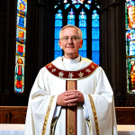 A Catholic priest in traditional, modest vestments (chasuble and stole over an alb), fully clothed, appropriate attire, standing reverently at a simple altar within a grand, historic French cathedral. The background features large, ornate stained glass windows casting colorful light, towering stone pillars, and high vaulted ceilings, conveying a sense of solemnity and tradition. Professional photography, high quality, perfect anatomy, correct proportions, well-formed hands, natural body proportions, natural pose, safe for work, appropriate content, family-friendly.
