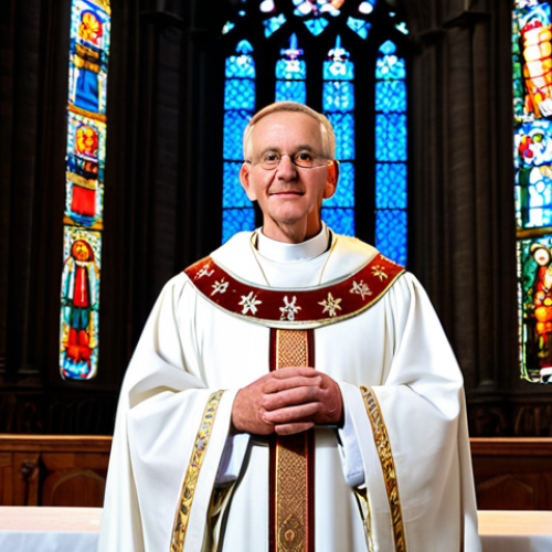 Home 6 A Catholic priest in traditional, modest vestments (chasuble and stole over an alb), fully clothed, appropriate attire, standing reverently at a simple altar within a grand, historic French cathedral. The background features large, ornate stained glass windows casting colorful light, towering stone pillars, and high vaulted ceilings, conveying a sense of solemnity and tradition. Professional photography, high quality, perfect anatomy, correct proportions, well-formed hands, natural body proportions, natural pose, safe for work, appropriate content, family-friendly.