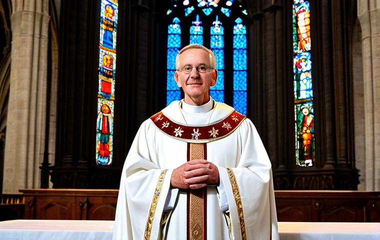 A Catholic priest in traditional, modest vestments (chasuble and stole over an alb), fully clothed, appropriate attire, standing reverently at a simple altar within a grand, historic French cathedral. The background features large, ornate stained glass windows casting colorful light, towering stone pillars, and high vaulted ceilings, conveying a sense of solemnity and tradition. Professional photography, high quality, perfect anatomy, correct proportions, well-formed hands, natural body proportions, natural pose, safe for work, appropriate content, family-friendly.