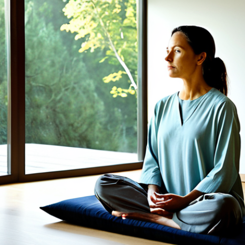 Home 7 A thoughtful individual, appearing to be in their thirties, fully clothed in a comfortable, modest tunic and loose-fitting trousers. They are seated calmly on a meditation cushion in a tranquil, sunlit studio featuring minimalist design. A large window behind them offers a peaceful view of a calm, natural landscape. Subtle, abstract art on the wall hints at global spiritual influences. The atmosphere evokes deep contemplation, personal growth, and inner peace. Professional photography, high resolution, cinematic lighting, perfect anatomy, correct proportions, natural pose, well-formed hands, proper finger count, natural body proportions, safe for work, appropriate content, fully clothed, modest clothing, family-friendly.