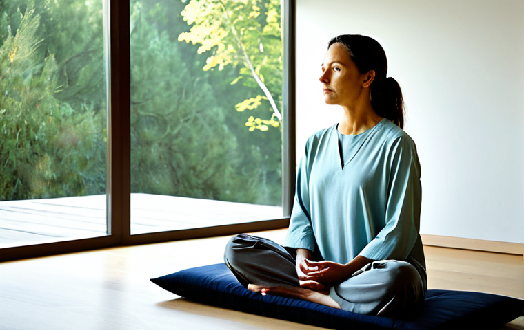 A thoughtful individual, appearing to be in their thirties, fully clothed in a comfortable, modest tunic and loose-fitting trousers. They are seated calmly on a meditation cushion in a tranquil, sunlit studio featuring minimalist design. A large window behind them offers a peaceful view of a calm, natural landscape. Subtle, abstract art on the wall hints at global spiritual influences. The atmosphere evokes deep contemplation, personal growth, and inner peace. Professional photography, high resolution, cinematic lighting, perfect anatomy, correct proportions, natural pose, well-formed hands, proper finger count, natural body proportions, safe for work, appropriate content, fully clothed, modest clothing, family-friendly.