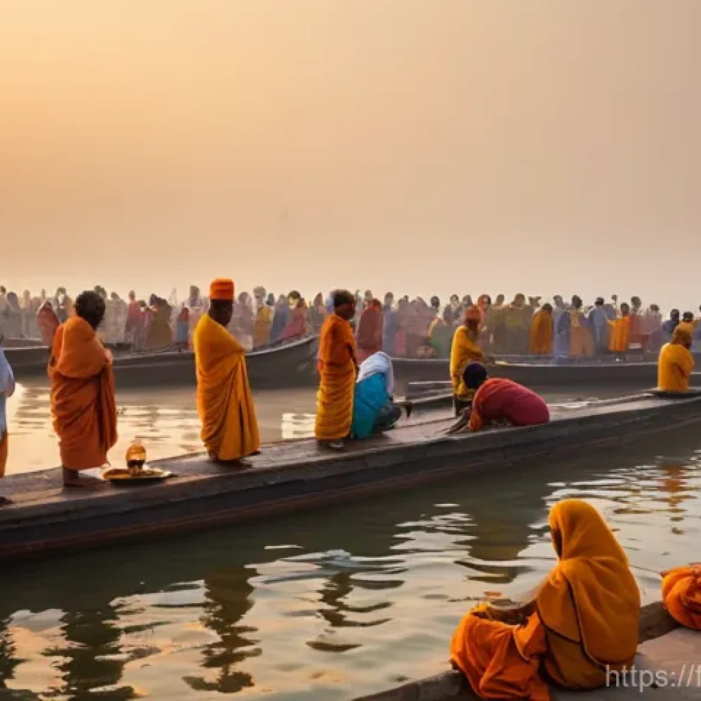 힌두교의 강가 강과 바라나시 - **Prompt:** A serene and vibrant morning scene on the ghats of Varanasi. The rising sun casts a warm...