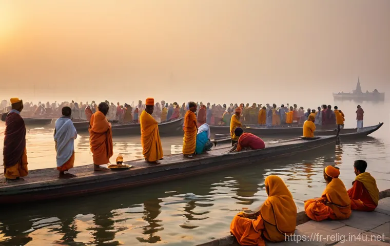 힌두교의 강가 강과 바라나시 - **Prompt:** A serene and vibrant morning scene on the ghats of Varanasi. The rising sun casts a warm...