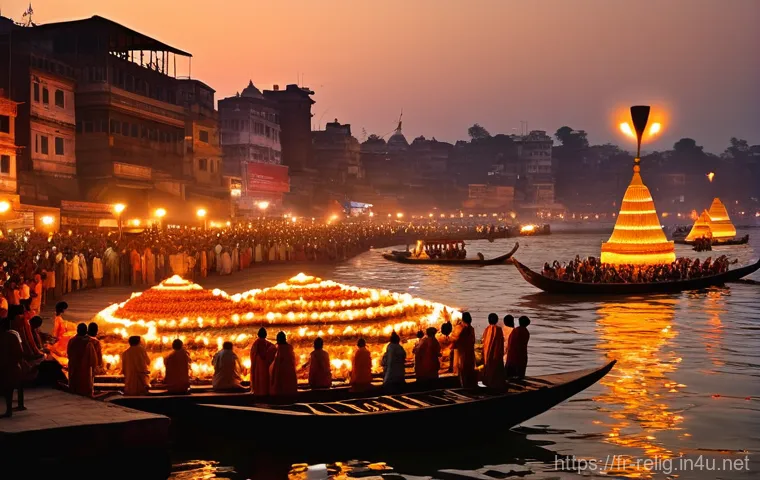 힌두교의 강가 강과 바라나시 - **Prompt:** A serene and vibrant morning scene on the ghats of Varanasi. The rising sun casts a warm...