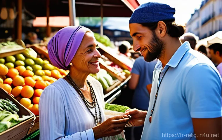 종교적 금기와 관습 - **Prompt:** A vibrant, bustling outdoor market scene in a modern French city, capturing the essence ...