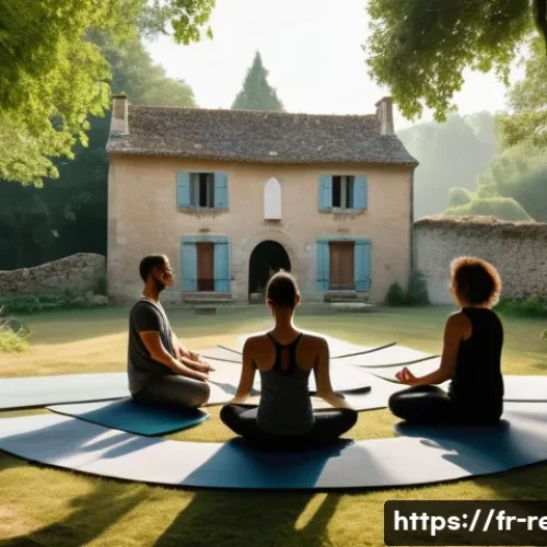종교 상담과 영적 지도 - A serene meditation retreat scene in the French countryside during early morning light, featuring a ...