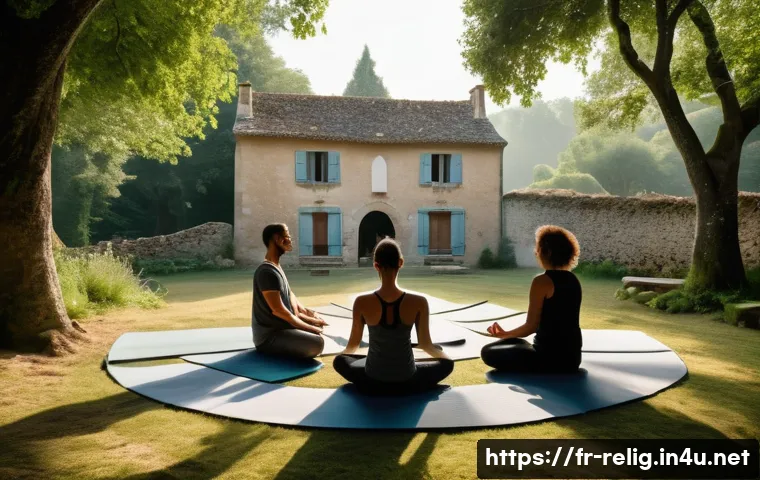 종교 상담과 영적 지도 - A serene meditation retreat scene in the French countryside during early morning light, featuring a ...