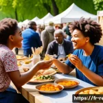 종교적 관용과 다문화주의 - A vibrant multicultural outdoor festival in a French city park during spring, featuring diverse grou...