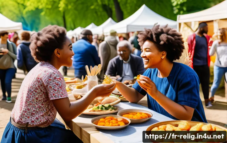 종교적 관용과 다문화주의 - A vibrant multicultural outdoor festival in a French city park during spring, featuring diverse grou...