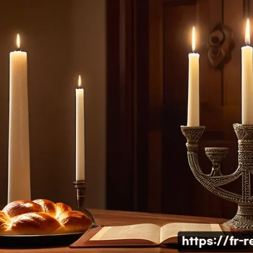 유대교 전통과 율법 - A serene scene inside a traditional Jewish home during Shabbat dinner, featuring a family gathered a...