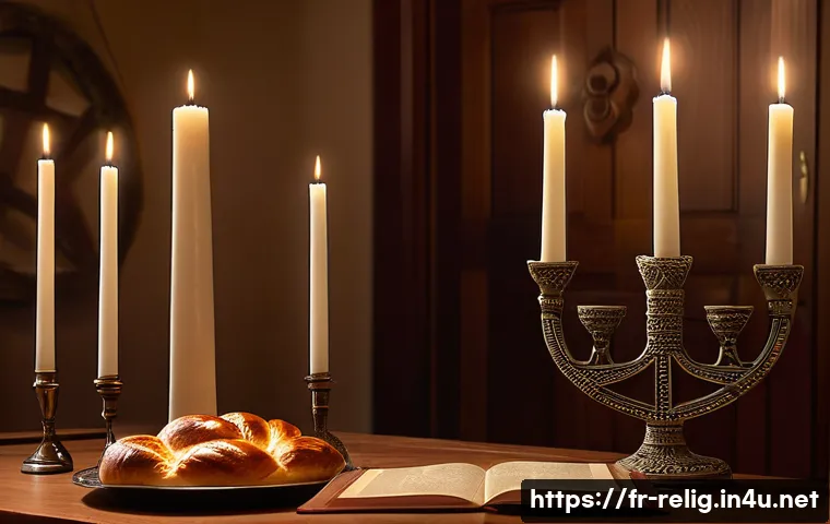 유대교 전통과 율법 - A serene scene inside a traditional Jewish home during Shabbat dinner, featuring a family gathered a...