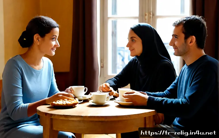 Home 15 종교적 갈등 해결 방안 - Photorealistic scene of a respectful interfaith dialogue in a bright French community hall, three ad...